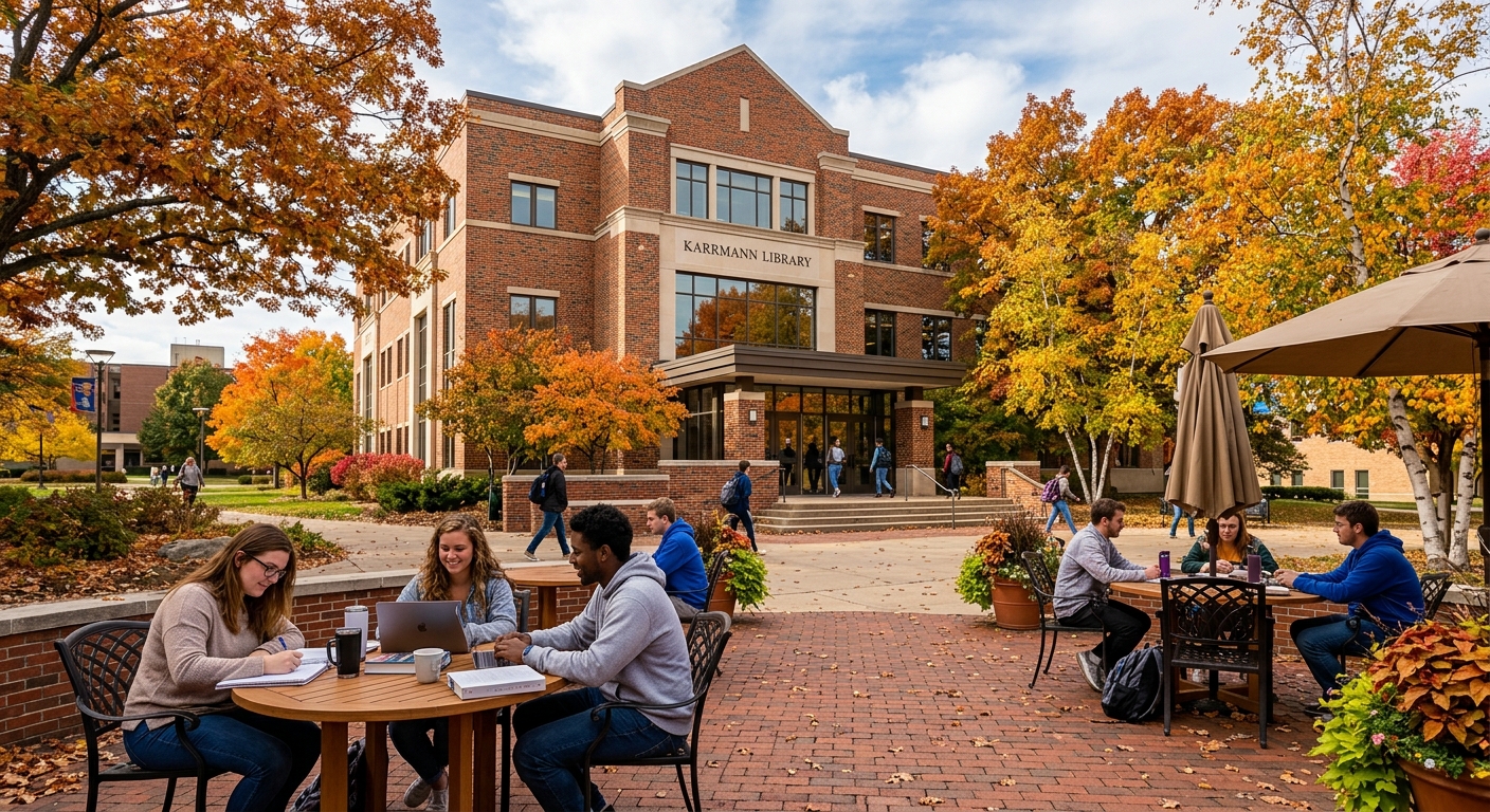 Karrmann Library at UW-Platteville, brick building with students studying at outdoor tables, autumn foliage surrounding the entrance