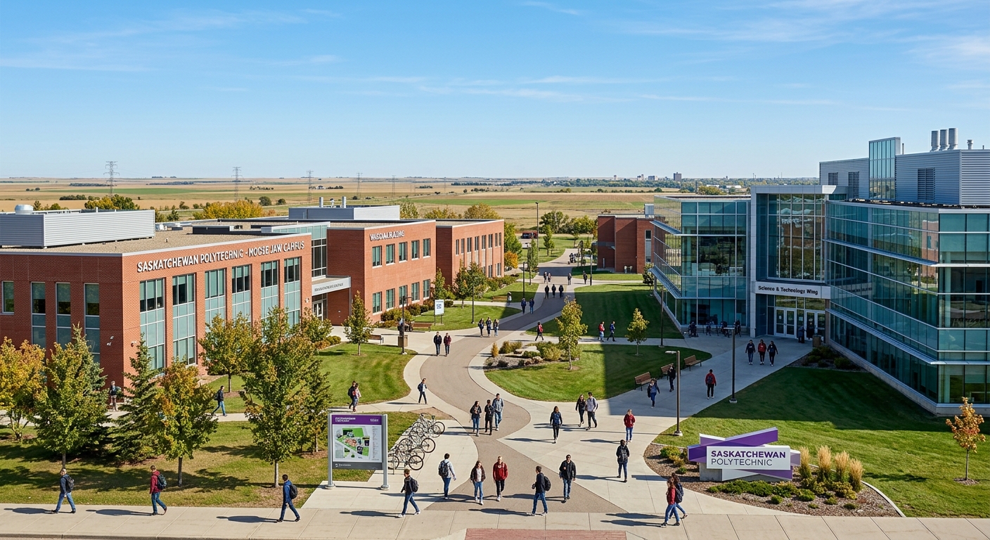 Saskatchewan Polytechnic Moose Jaw campus wide-shot, modern institutional buildings with prairie landscape, clear blue sky over flat Saskatchewan terrain, students walking between red-brick and contemporary glass buildings
