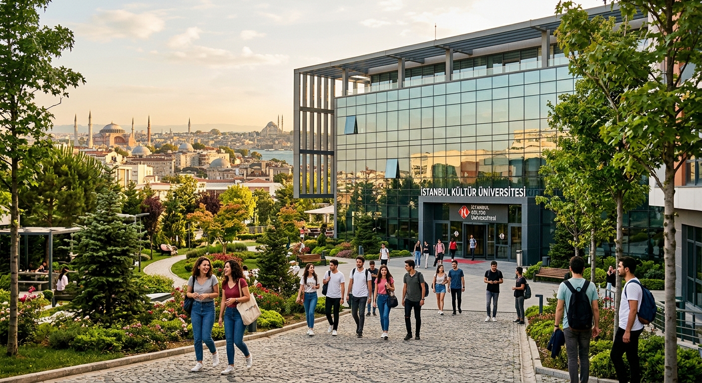 Istanbul Kültür University modern campus building with glass facade, students walking through a landscaped courtyard, Istanbul cityscape in the background, warm afternoon light
