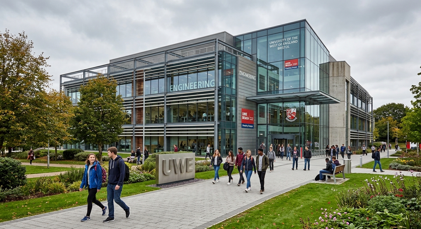 Modern engineering building at UWE Bristol Frenchay Campus with students walking outside, contemporary glass and steel architecture, green landscaped grounds, overcast British sky