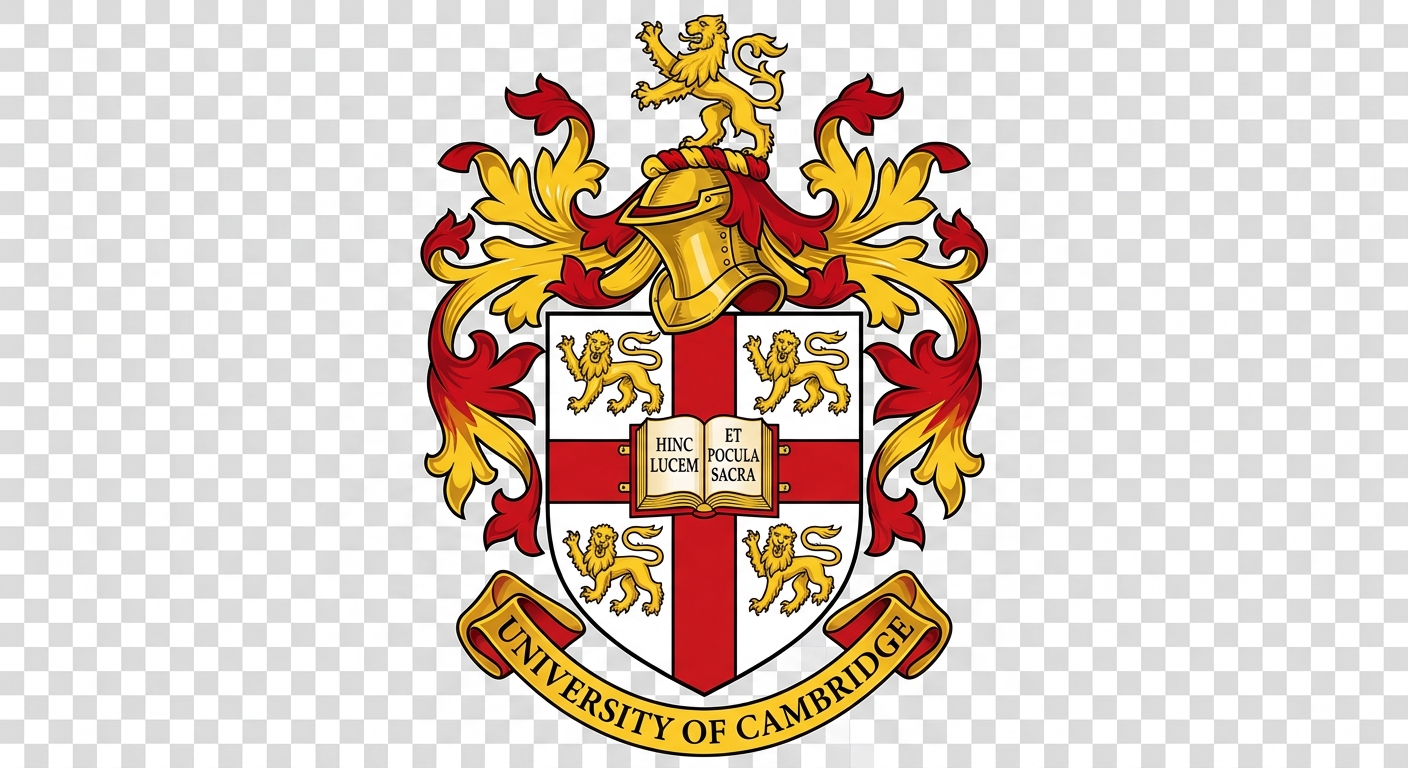 University of Cambridge official coat of arms logo, featuring a red cross on a white shield with four gold lions and a book inscribed Hinc lucem et pocula sacra, on a transparent background