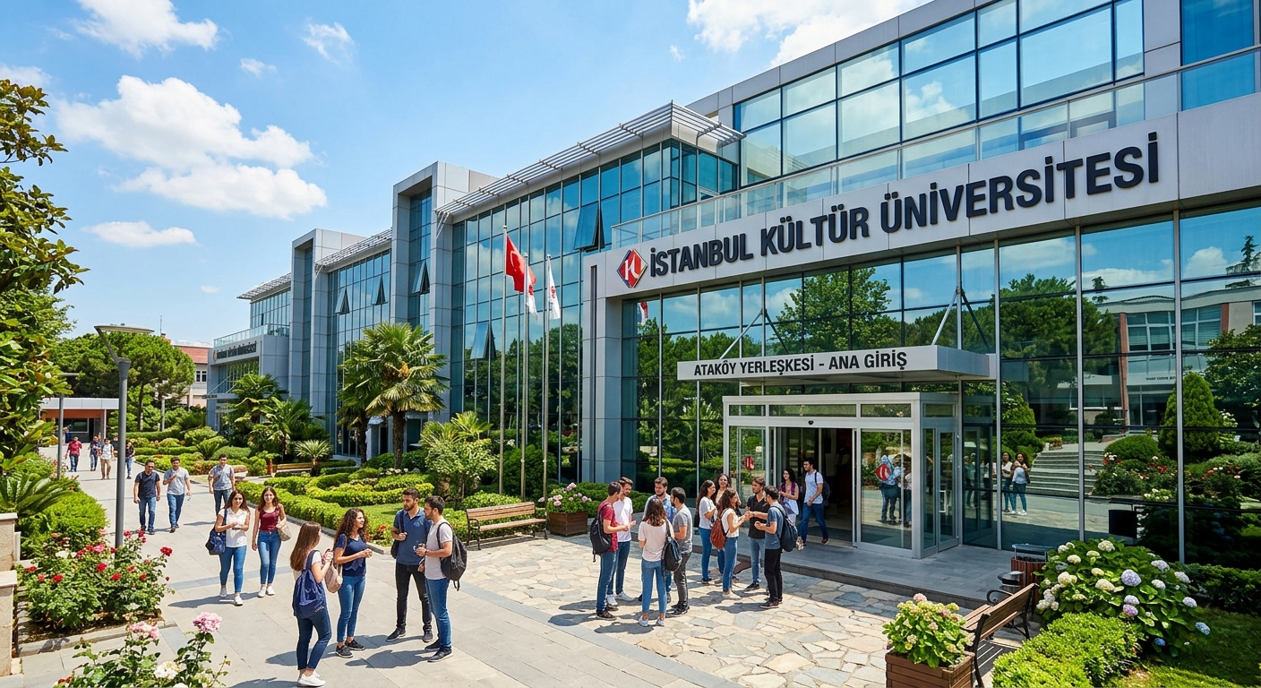 Istanbul Kültür University Ataköy main campus modern building exterior with glass facade, landscaped entrance plaza, students gathering near main entrance, sunny day