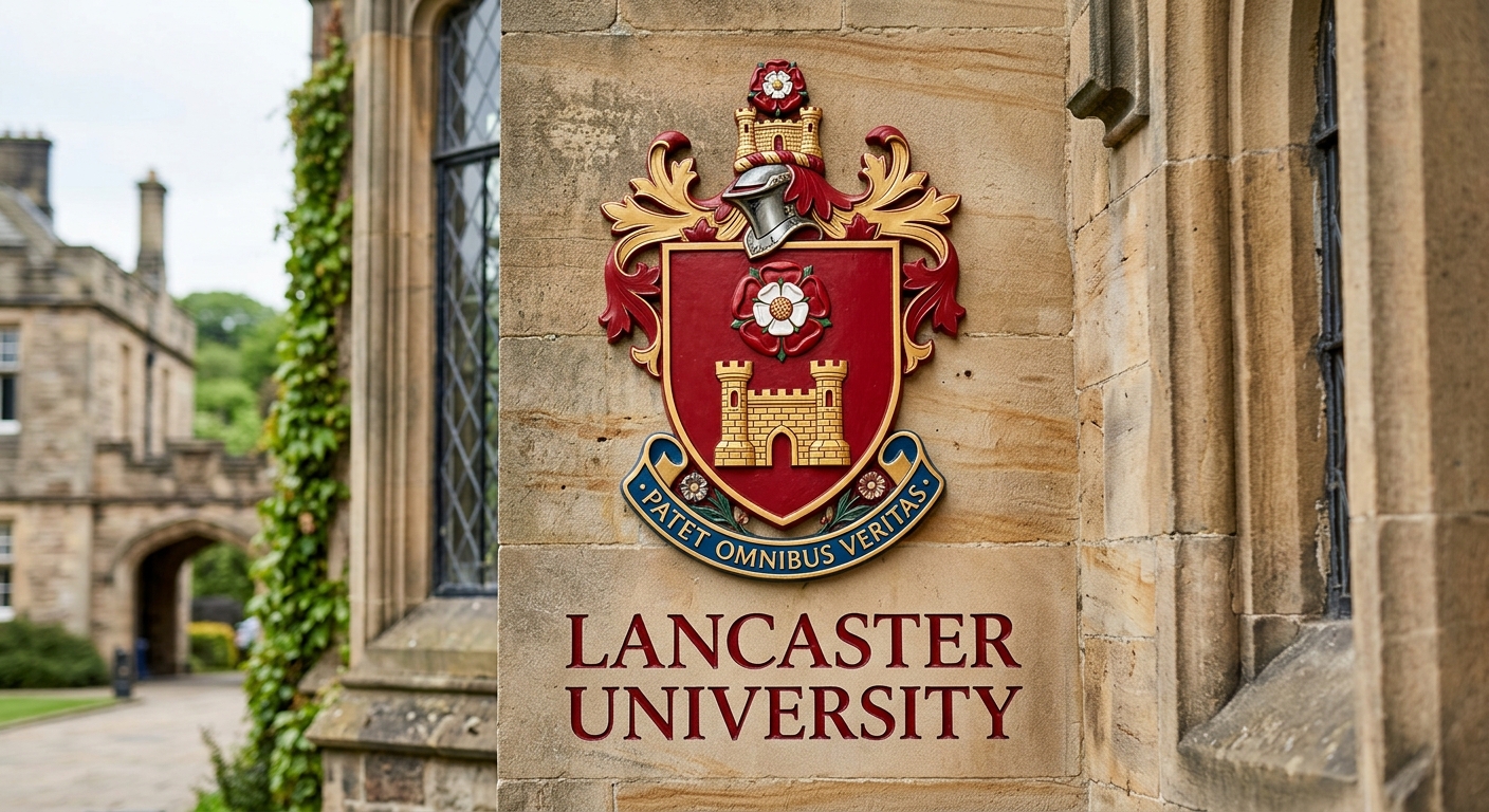 Lancaster University official logo, red shield crest with the motto Patet Omnibus Veritas, university name in serif typeface
