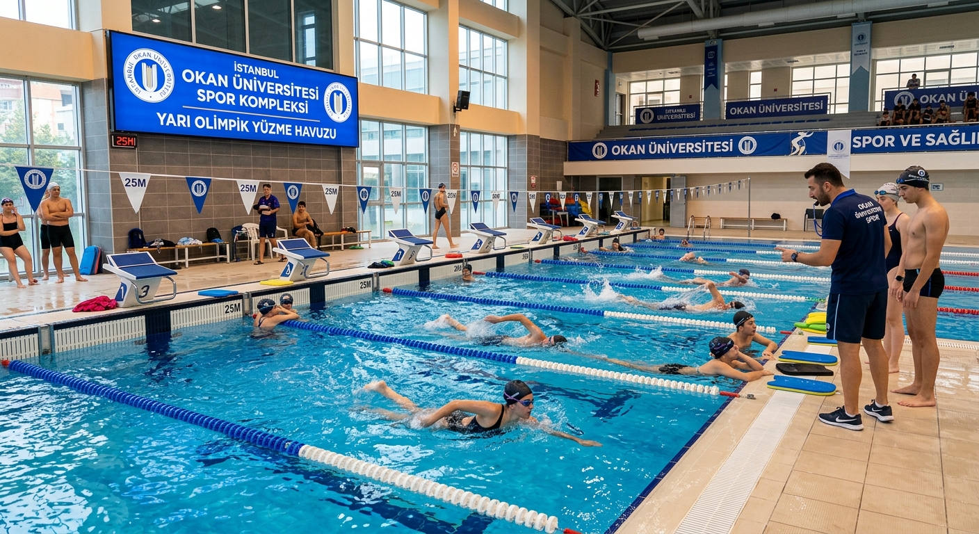 Istanbul Okan University sports complex, semi-Olympic swimming pool interior, students training, bright indoor lighting
