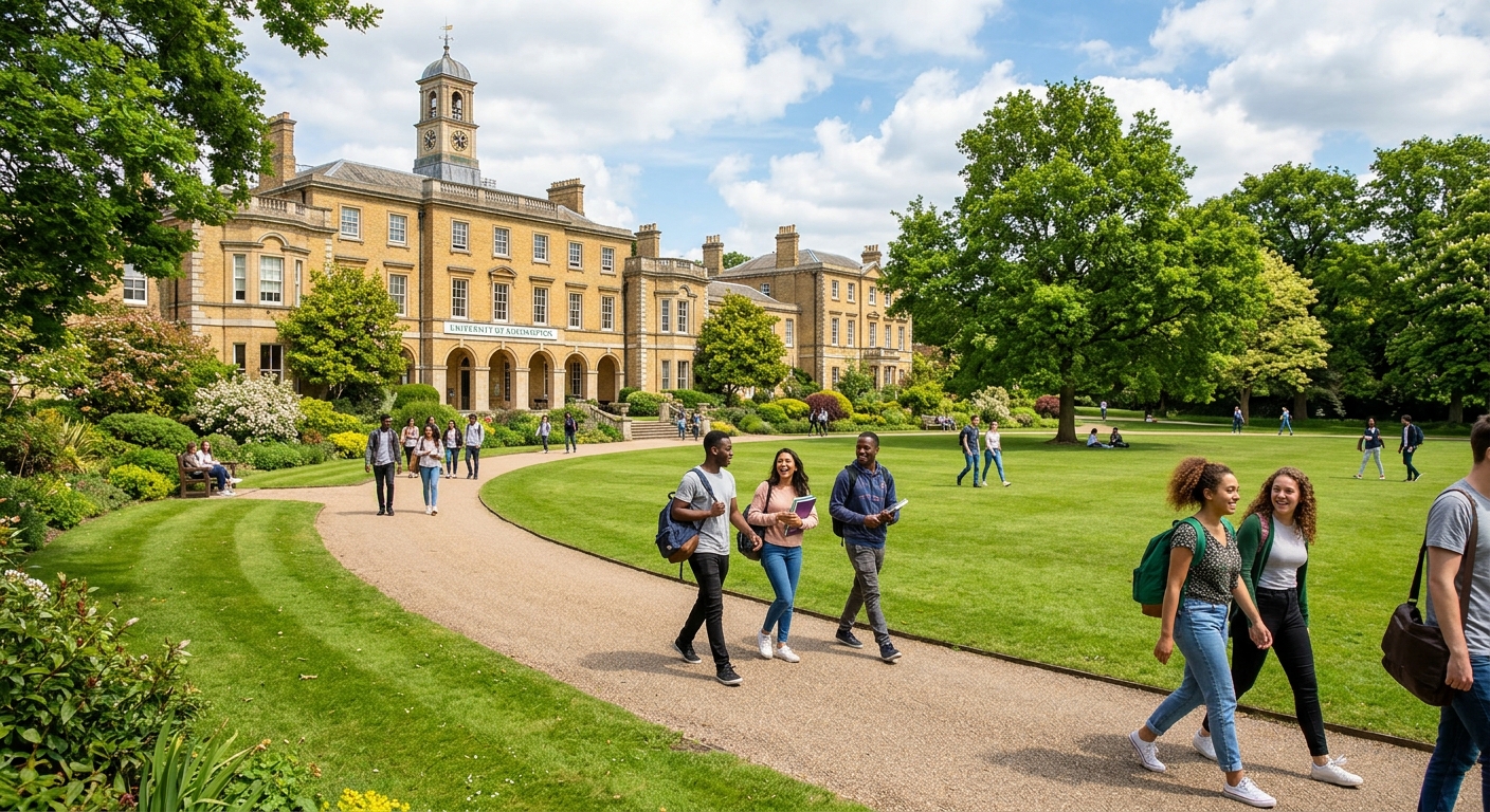 University of Roehampton parkland campus in south-west London with historic college buildings, green lawns, mature trees, and students walking along pathways on a bright day
