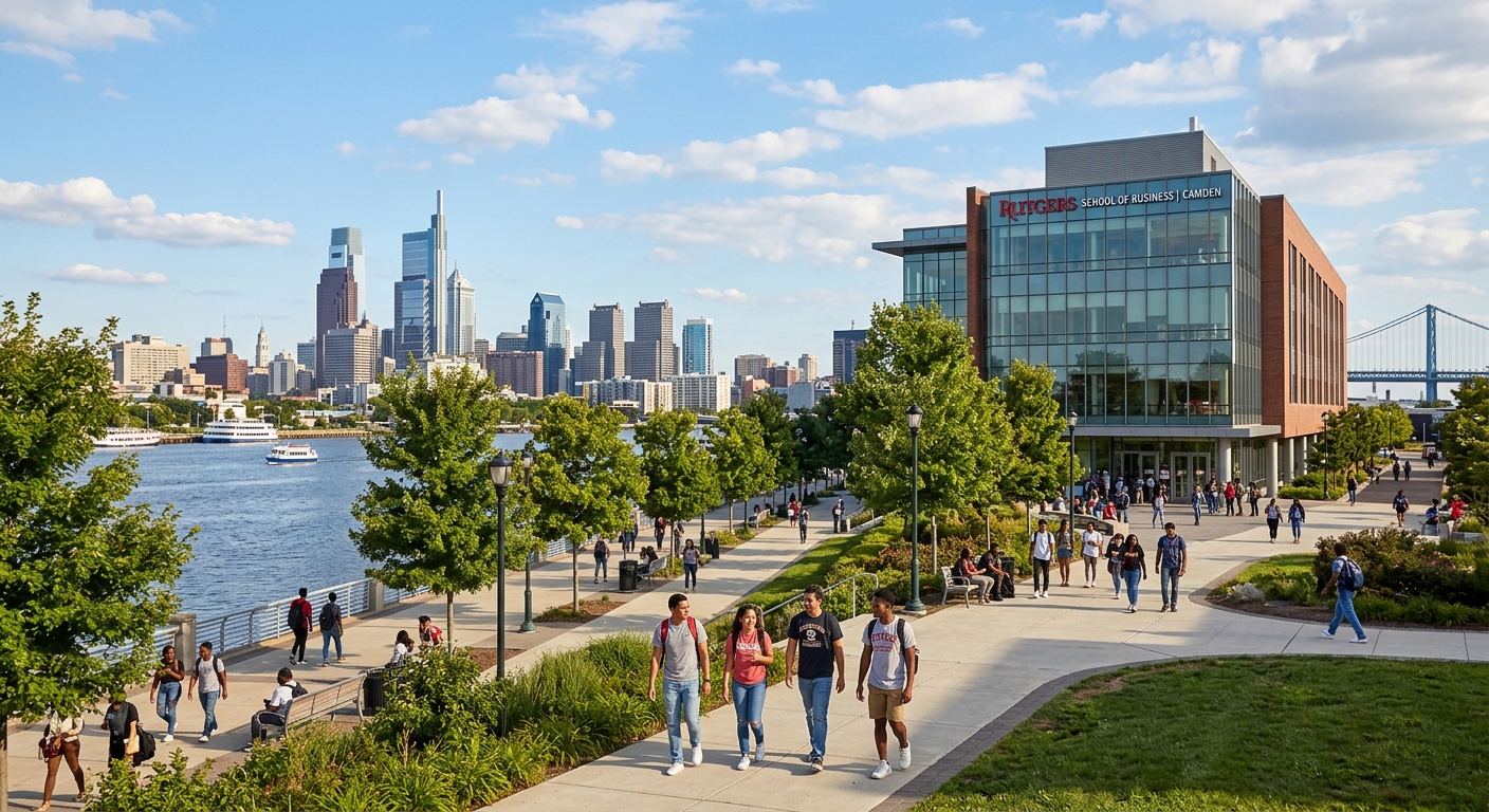 Rutgers University Camden campus waterfront with modern business school building, students walking along tree-lined paths, Philadelphia skyline visible across the Delaware River, sunny day