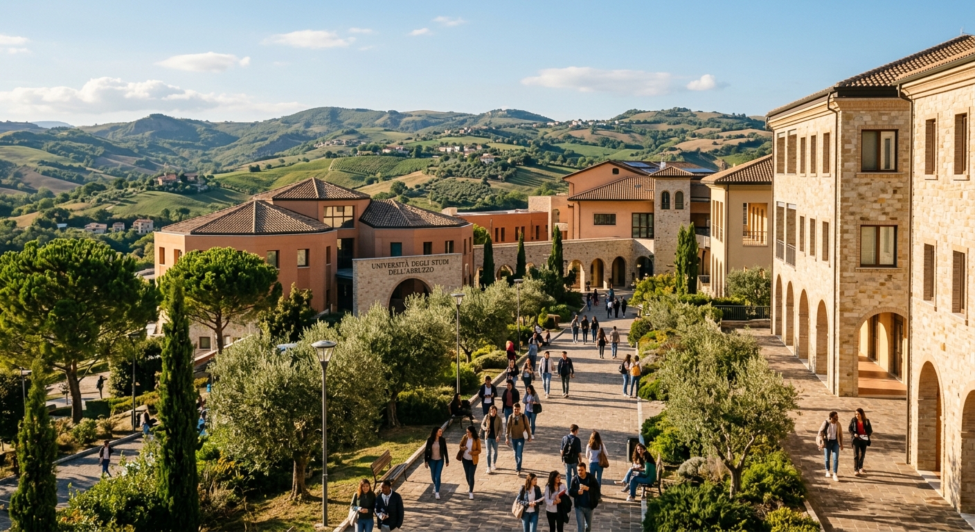 Modern Italian university campus with Mediterranean-style architecture, students walking along tree-lined pathways, rolling Abruzzo hills in the background, warm sunlight casting shadows on stone buildings