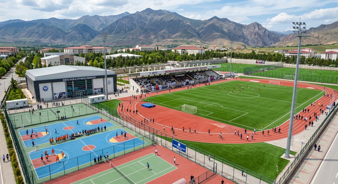 Erzincan Binali Yıldırım University sports stadium and fitness center, outdoor courts, green athletic fields, students engaged in activities