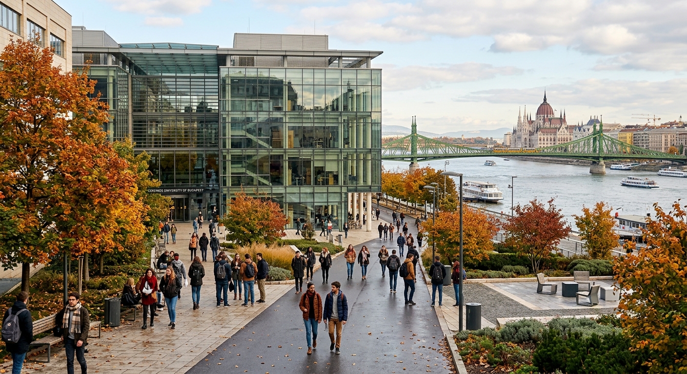 Modern university campus building in Budapest Hungary with glass facade, students walking on pathways, autumn trees lining the courtyard, Danube river visible in the background