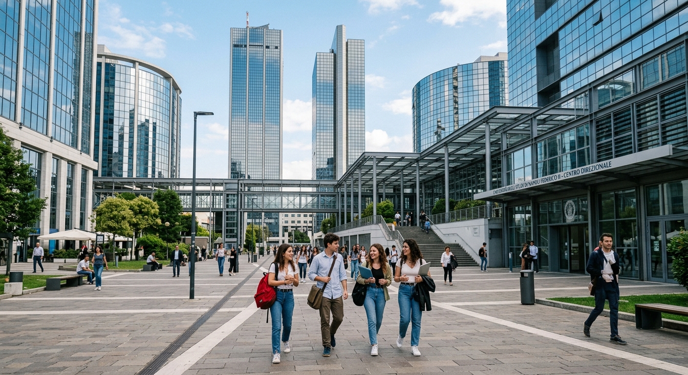 Centro Direzionale di Napoli modern campus buildings, contemporary glass and steel skyscrapers, urban business district setting with students walking