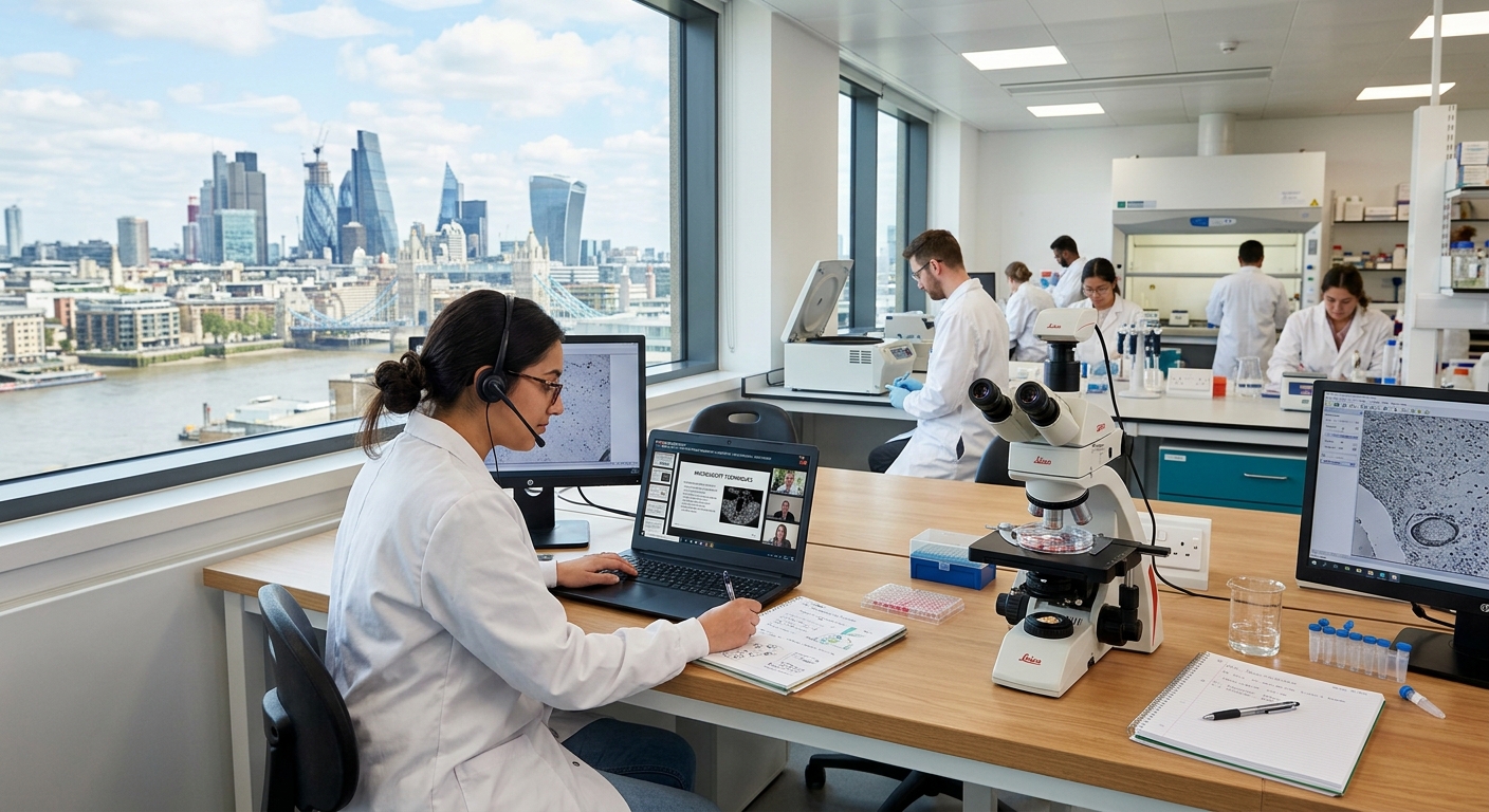 Modern university science laboratory with microscopes and biomedical equipment, distance learning setup with laptop showing virtual learning environment, London skyline visible through window, professional biomedical science atmosphere
