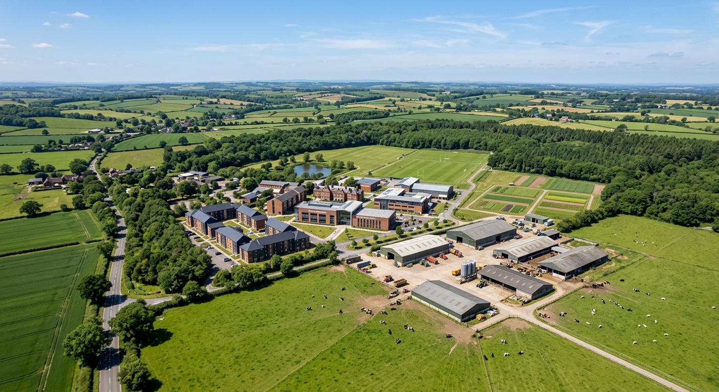Aerial view of Harper Adams University rural campus in Shropshire countryside, showing green agricultural fields, modern university buildings, and a working commercial farm surrounded by woodland under a clear English sky