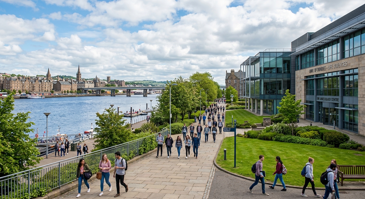 University of Dundee campus with modern life sciences building, students walking along pathways near the River Tay, green lawns, Scottish architecture in the background under a partly cloudy sky