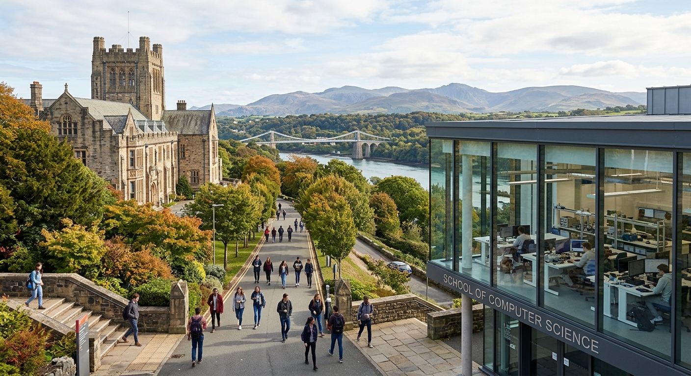 Bangor University campus with historic stone buildings nestled between Snowdonia mountains and the Menai Strait, students walking along tree-lined paths, modern computing laboratory visible through glass windows, Welsh countryside backdrop