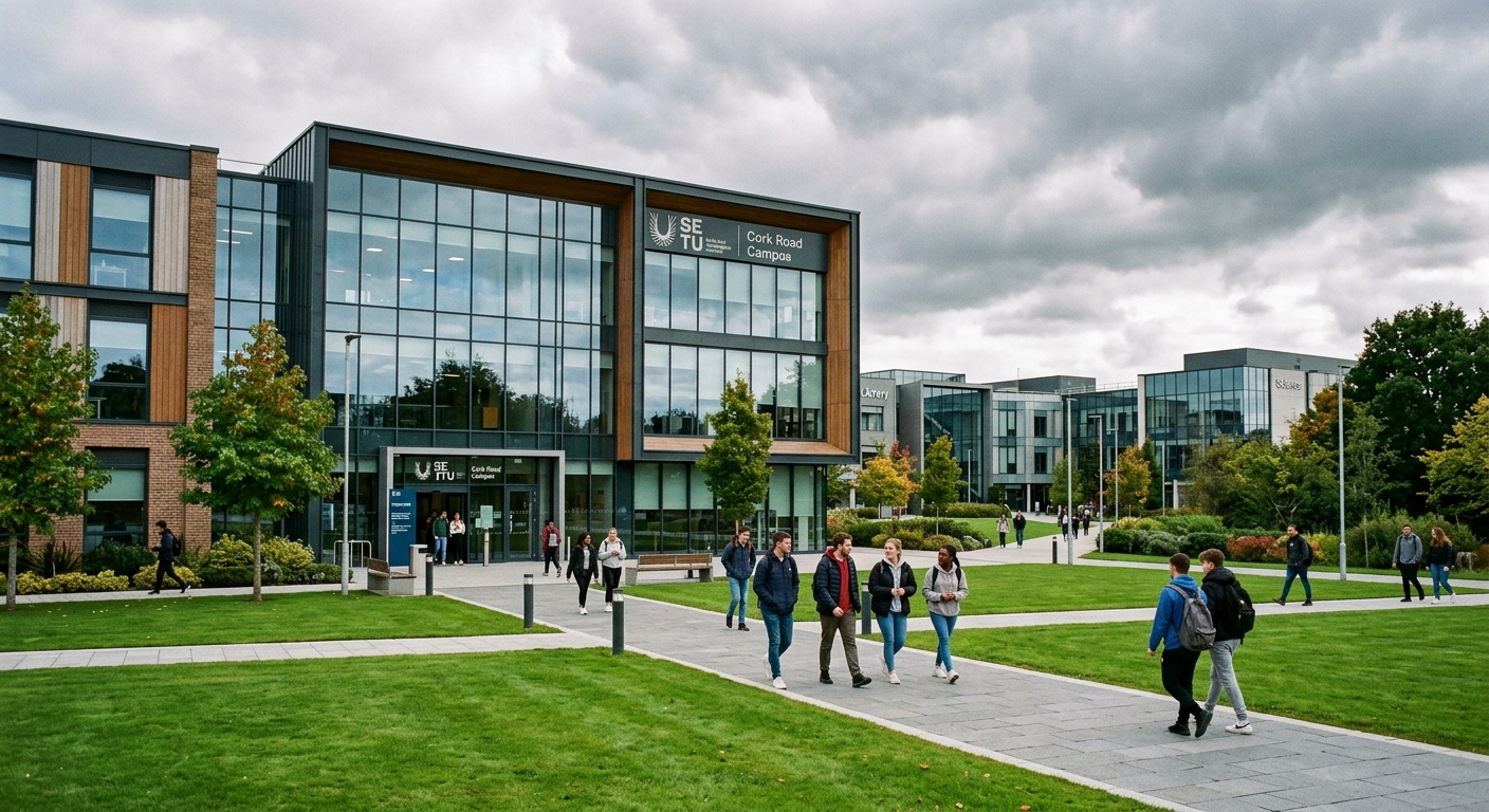 SETU Waterford Cork Road Campus, modern university buildings with glass facades, green lawns, students walking between buildings, Irish overcast sky