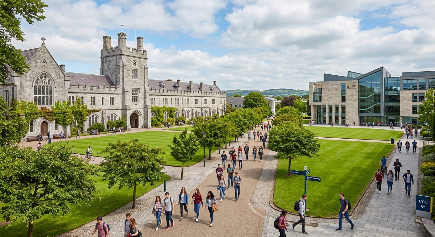 University College Cork campus with historic limestone buildings, green quadrangle, and modern Western Gateway Building, students walking along tree-lined paths in Cork, Ireland