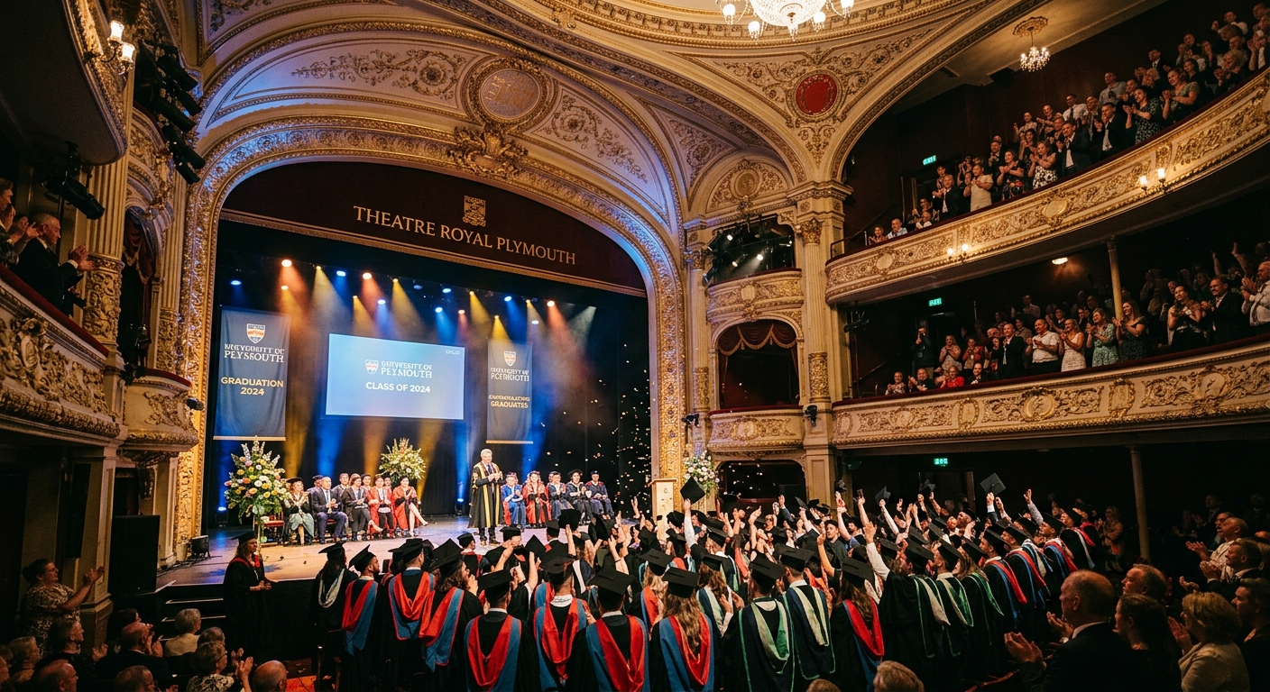 Graduation ceremony at Theatre Royal Plymouth with graduates in academic gowns celebrating their achievements, large ornate theatre interior with stage lighting