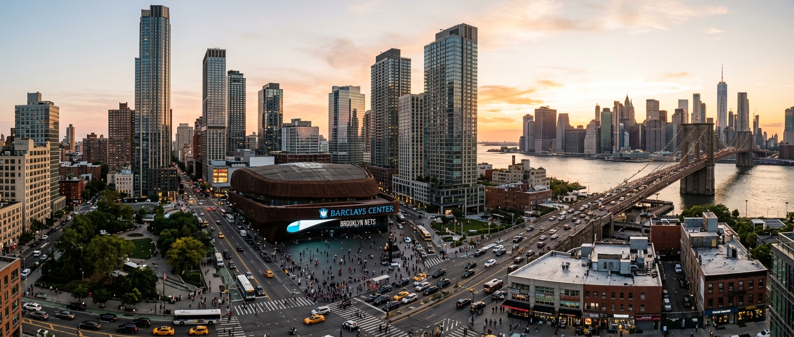 Downtown Brooklyn skyline panorama showing modern high-rise buildings, the Brooklyn Bridge in the distance, bustling streets with pedestrians, Barclays Center arena visible, golden hour lighting