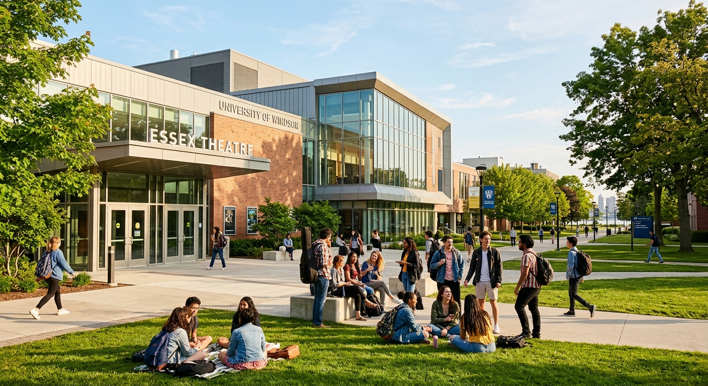 University of Windsor campus with modern performing arts building, students gathered near the Essex Theatre, green lawns and trees in Windsor Ontario Canada, warm sunlight