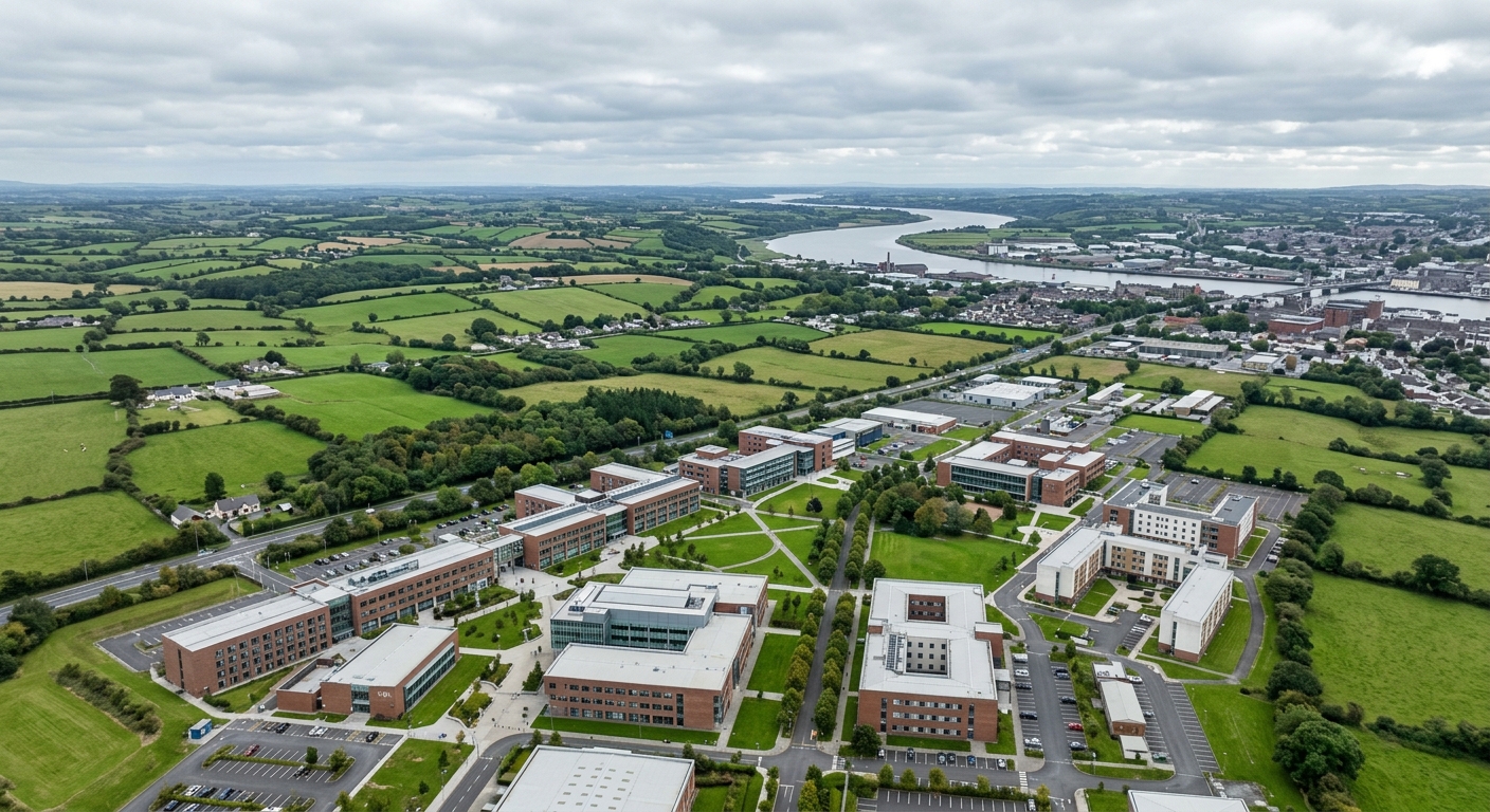 Aerial view of South East Technological University Cork Road Campus in Waterford Ireland, modern university buildings surrounded by green Irish countryside, River Suir visible in background, overcast sky typical of Ireland