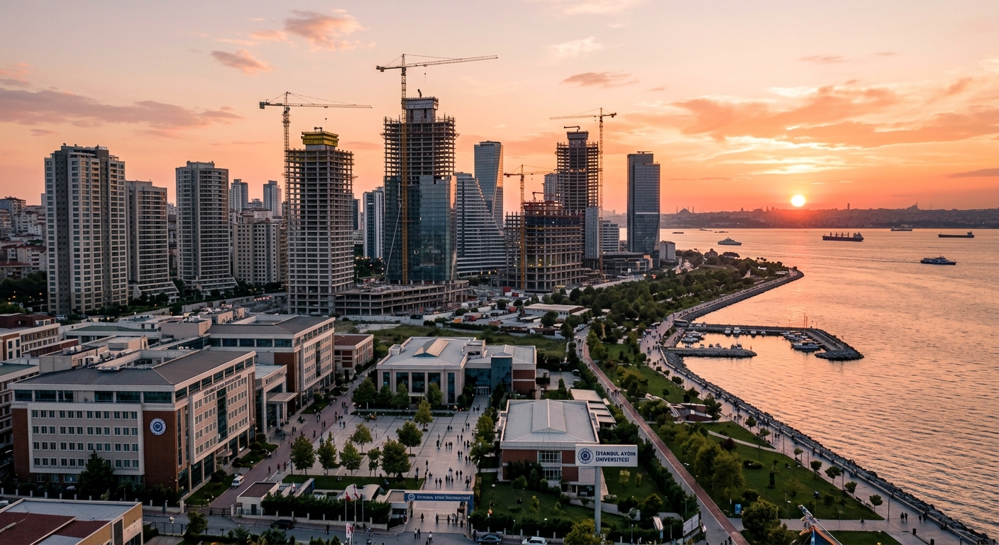 Modern Istanbul skyline with residential and commercial high-rise buildings under construction, Bakırköy district waterfront, university campus buildings visible in the foreground, warm sunset lighting