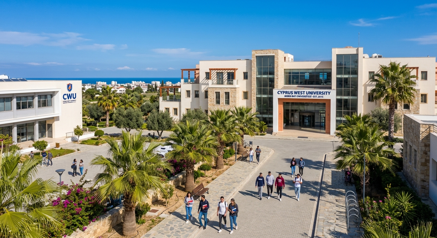 Modern Cyprus West University campus building in Famagusta with palm trees, students walking on pathways, Mediterranean architecture, bright sunny day with blue sky