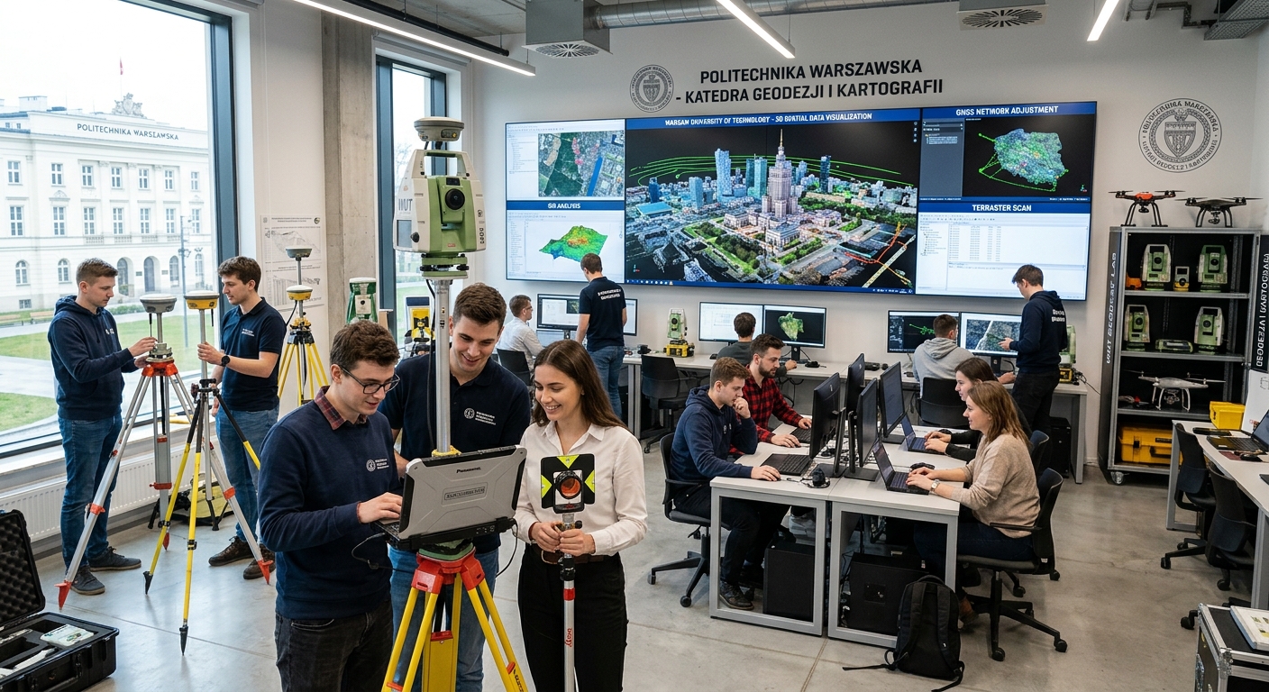 Modern geodesy and cartography laboratory at Warsaw University of Technology, students working with GNSS equipment and mobile mapping systems, large digital screens displaying 3D spatial data, bright academic environment with technical instruments