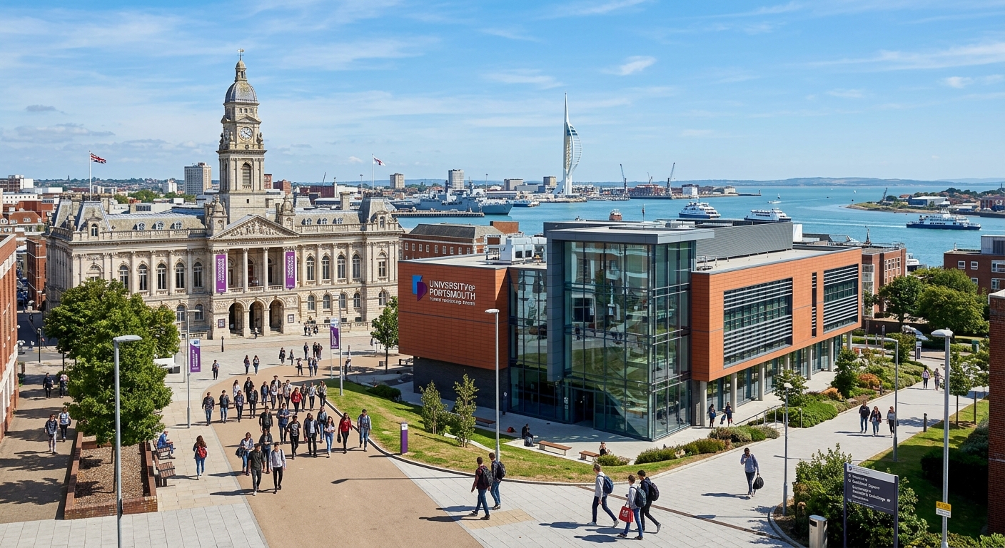 University of Portsmouth campus with modern engineering building, coastal city backdrop, students walking near the historic Guildhall, blue sky over Portsmouth harbour