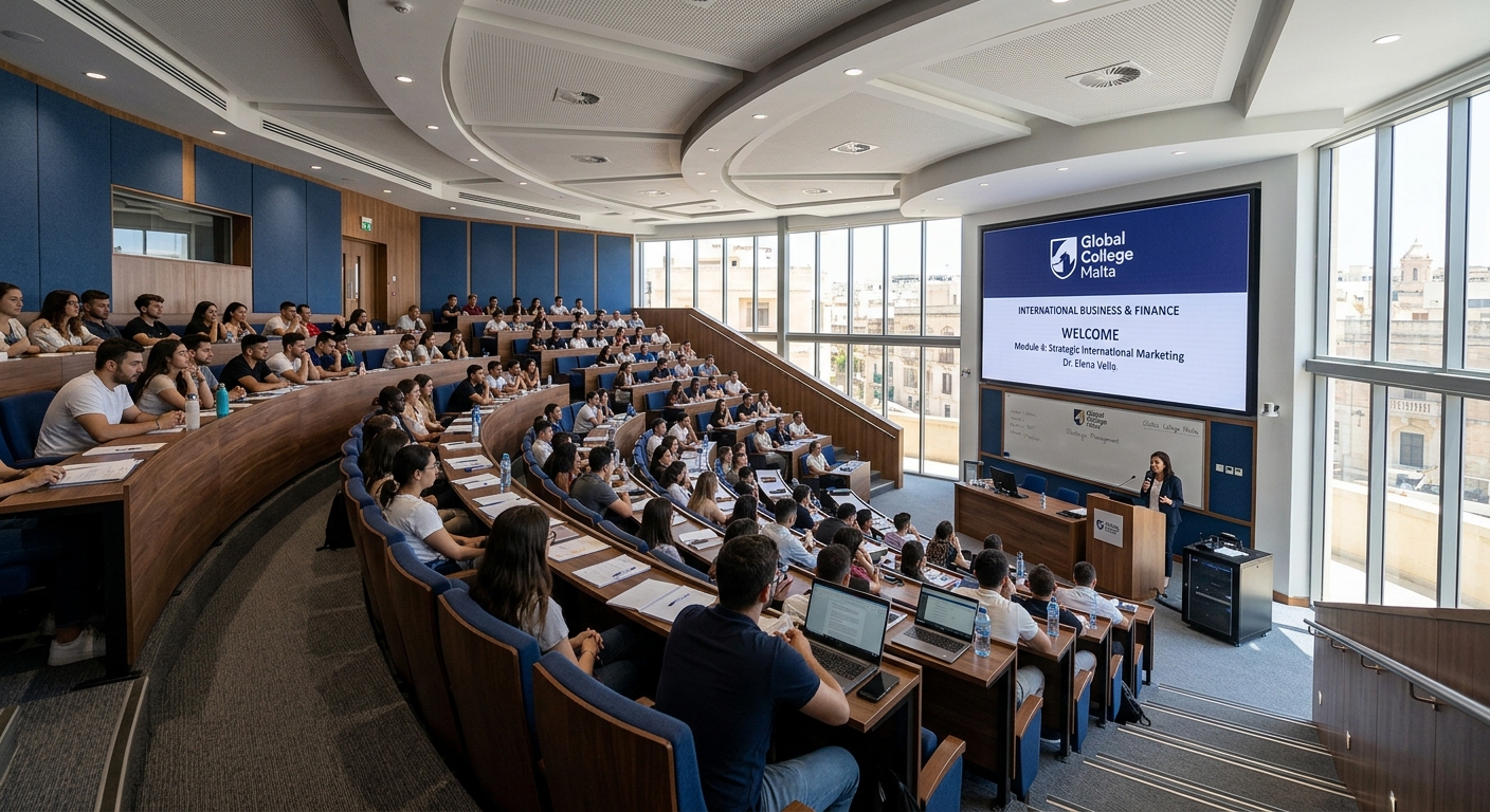 Interior of a modern lecture hall at Global College Malta with tiered seating, projector screen, and natural lighting from large windows