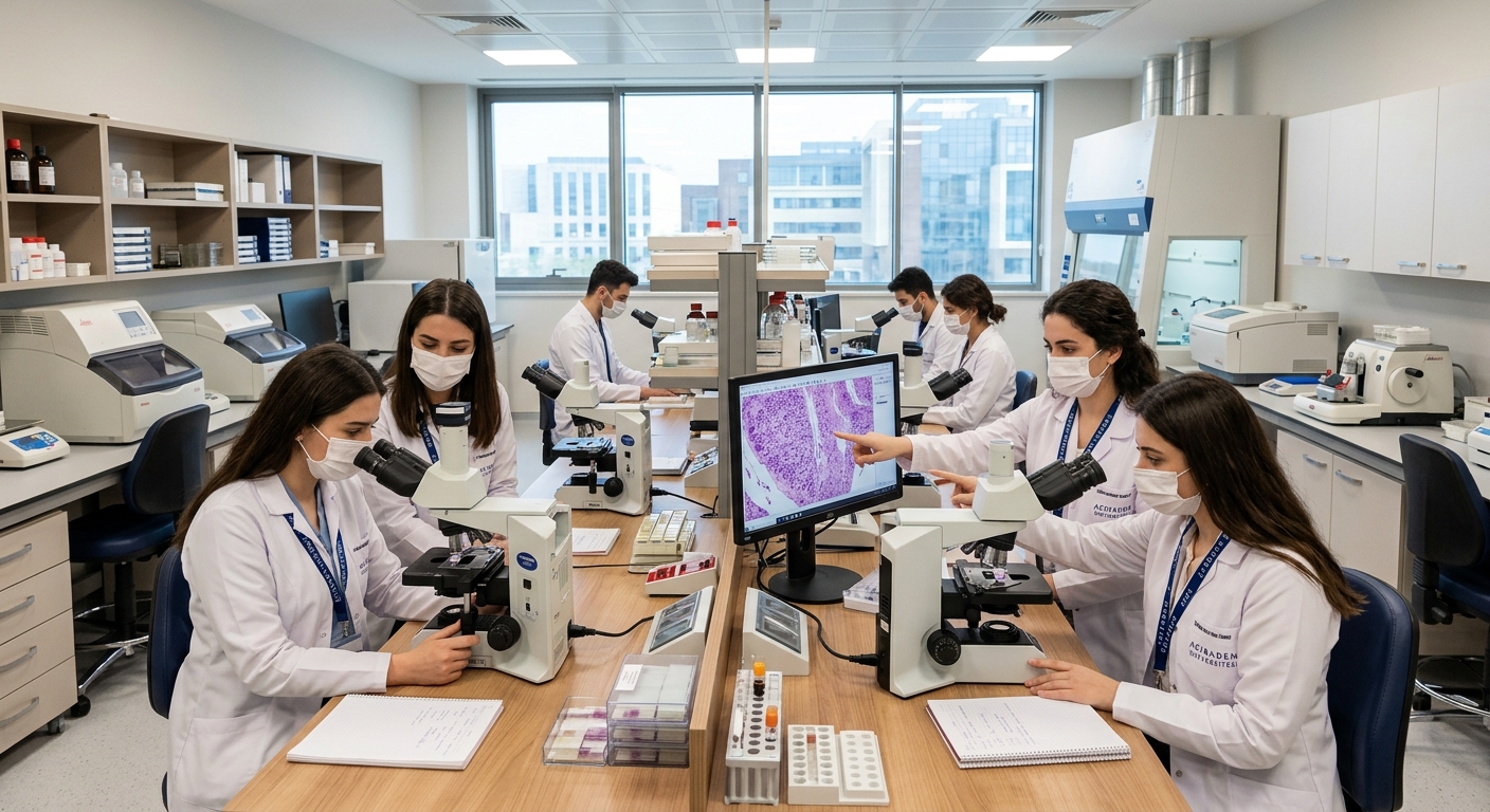 Modern pathology laboratory at Acıbadem University with microscopes, tissue processing equipment, and students in white lab coats examining histological slides, bright clinical lighting, Istanbul campus setting