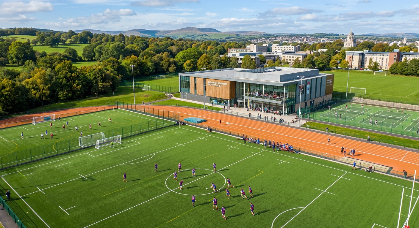 Lancaster University sports centre and outdoor fields, modern athletics facilities surrounded by green parkland, students playing sports on the pitch