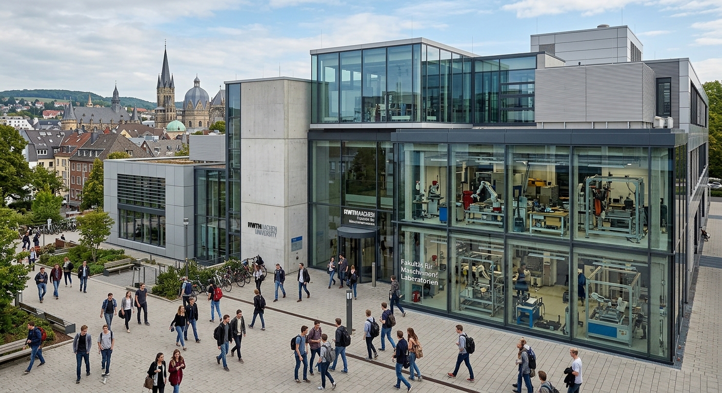 RWTH Aachen University Faculty of Mechanical Engineering building exterior with modern architecture, students walking across campus courtyard, engineering laboratory equipment visible through large glass windows, Aachen cityscape in background