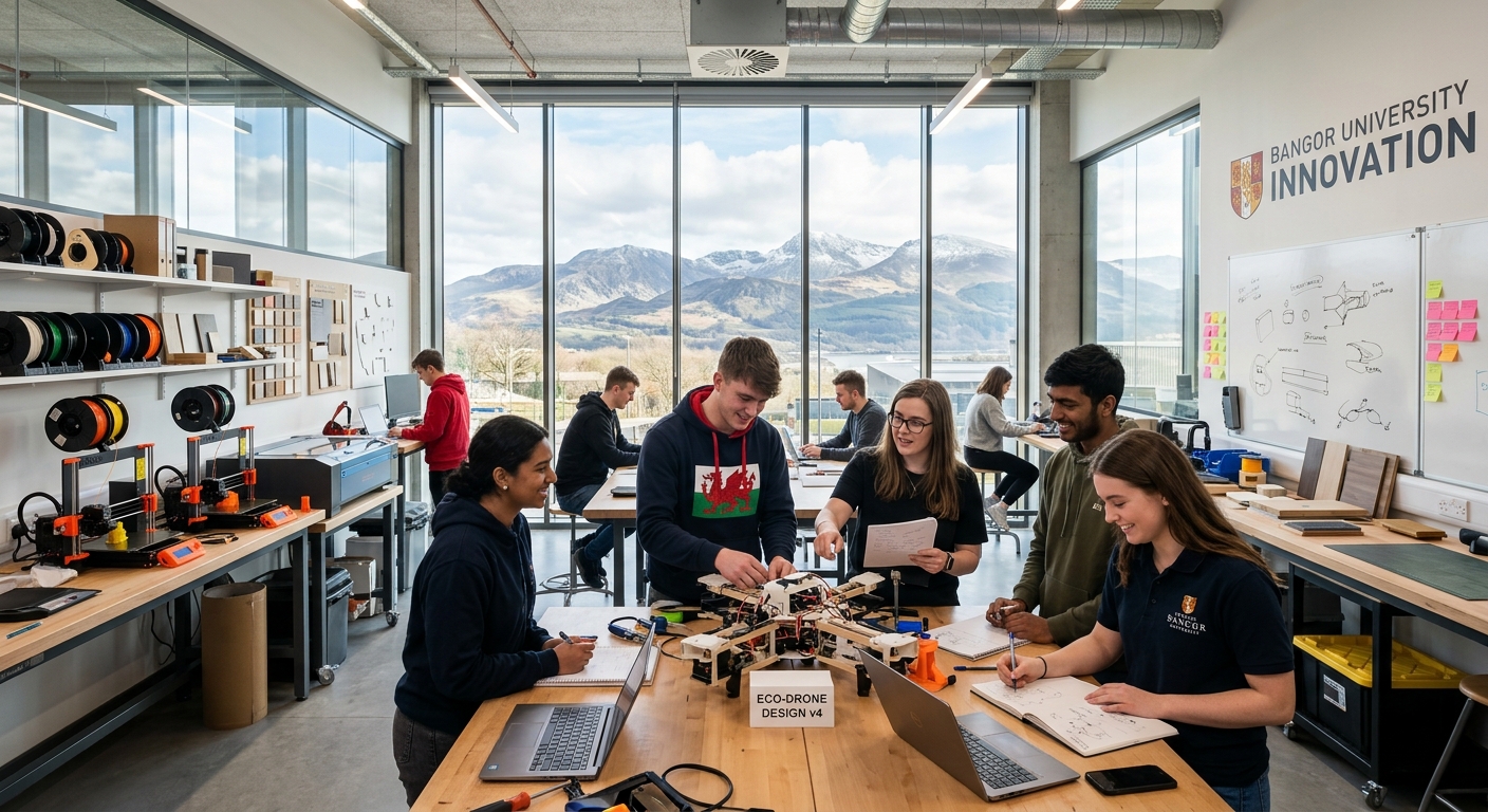 Modern design studio at Bangor University with students collaborating on innovation projects, prototyping equipment visible, mountains of Snowdonia visible through large windows, bright creative workspace atmosphere