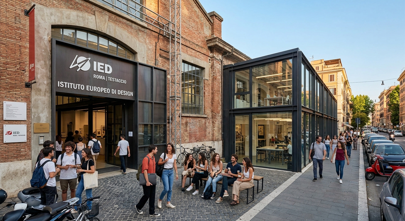 IED Rome Testaccio campus exterior, converted industrial building with modern design studios, students gathering outside, Via Branca street view, warm Italian afternoon light