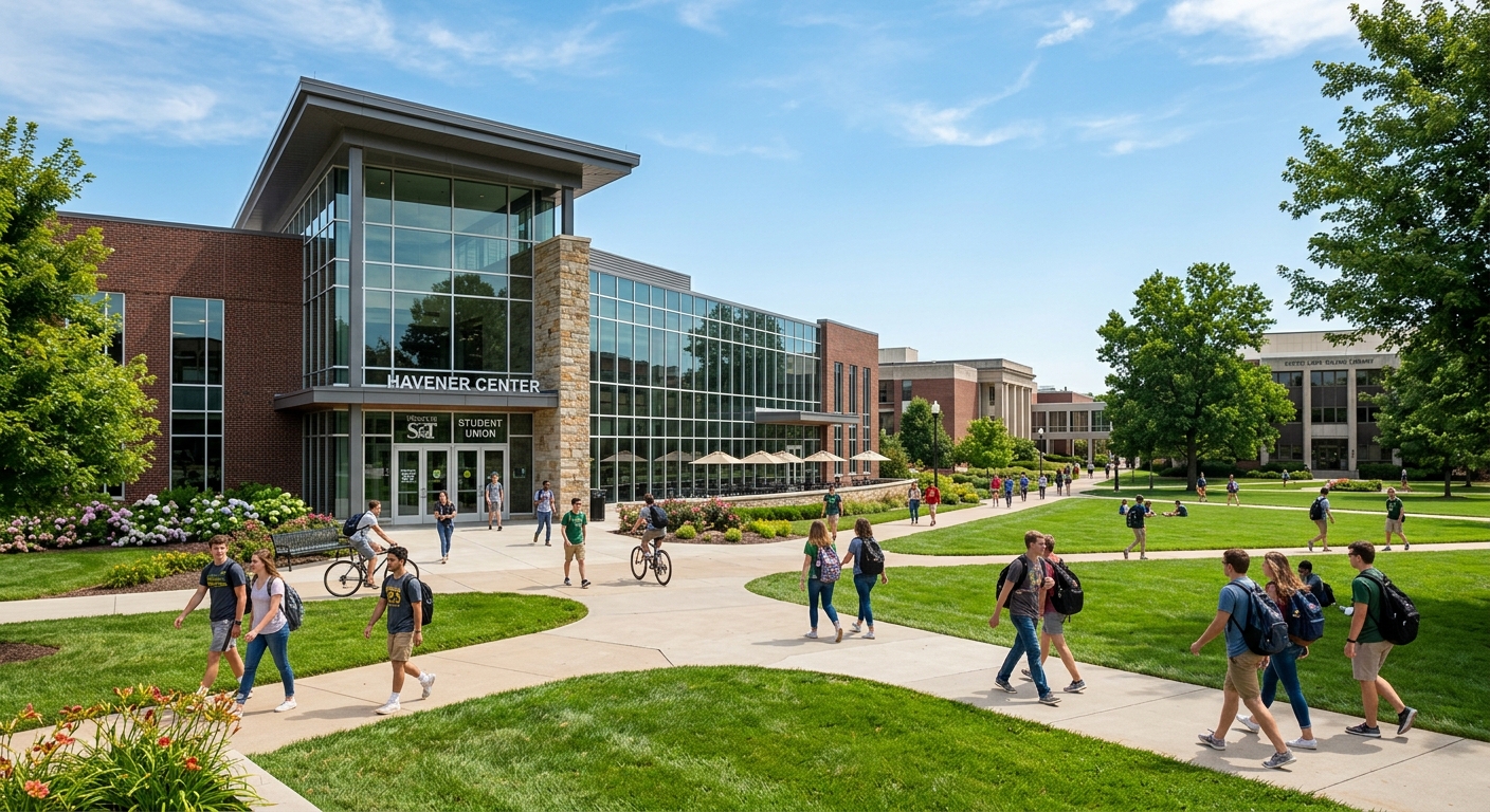 Missouri S&T Havener Center student union building, modern glass and brick architecture, students walking on pathways, green lawn, sunny day