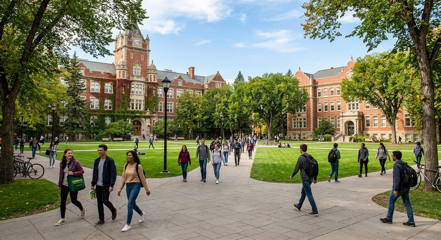 University of Alberta North Campus quad area with students walking between historic brick buildings, lush green trees, and manicured lawns on a sunny day