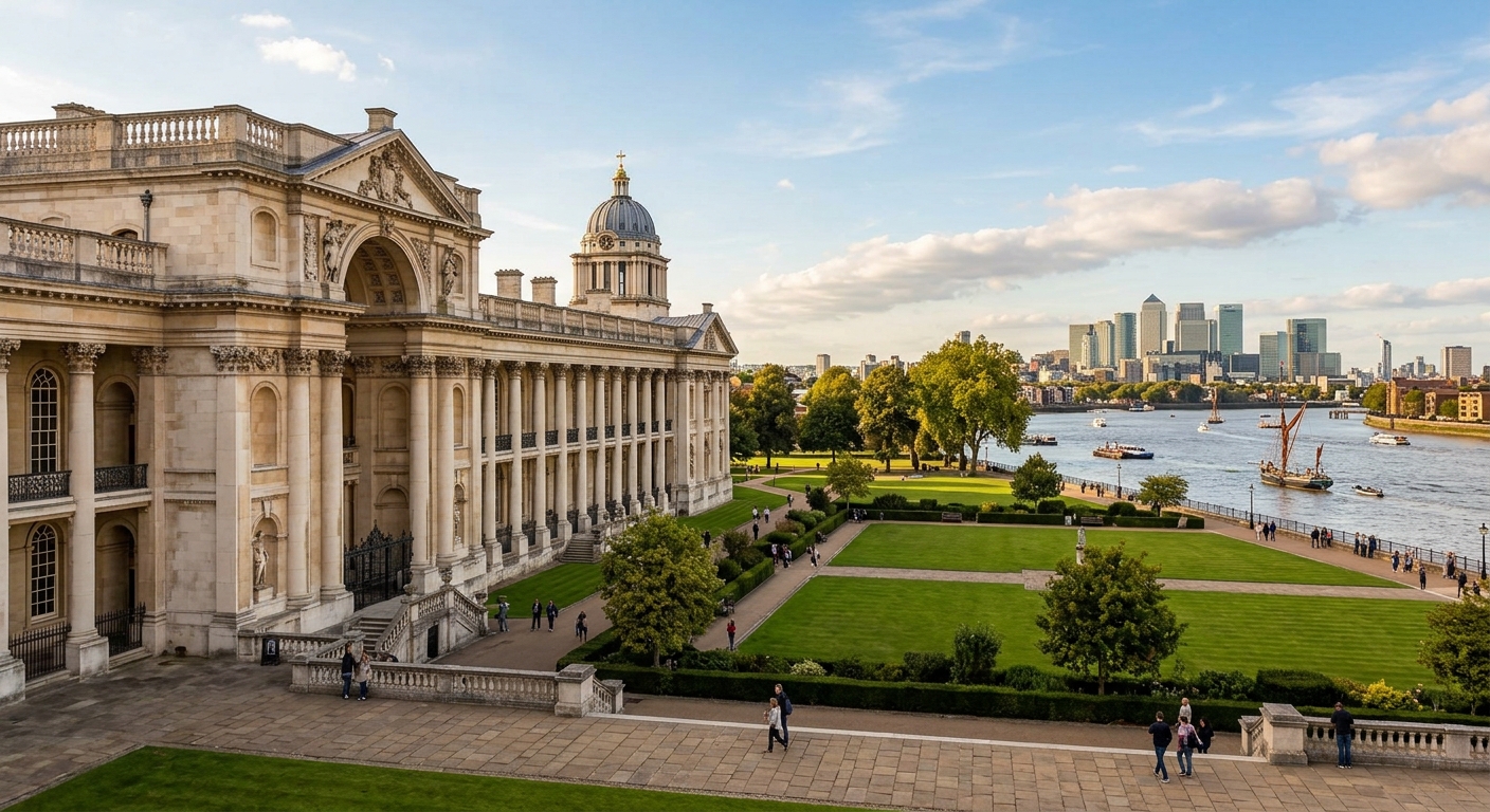 King Charles Court at the Old Royal Naval College in Greenwich, classical Baroque stone building with colonnades overlooking manicured grounds, River Thames visible, warm daylight