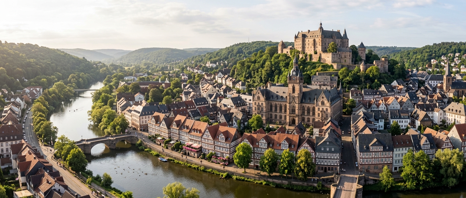 Panoramic view of Philipps-Universität Marburg campus with the historic Alte Universität building, Marburg Castle on the hilltop, medieval half-timbered houses along the Lahn River, lush green hills in the background, soft morning light