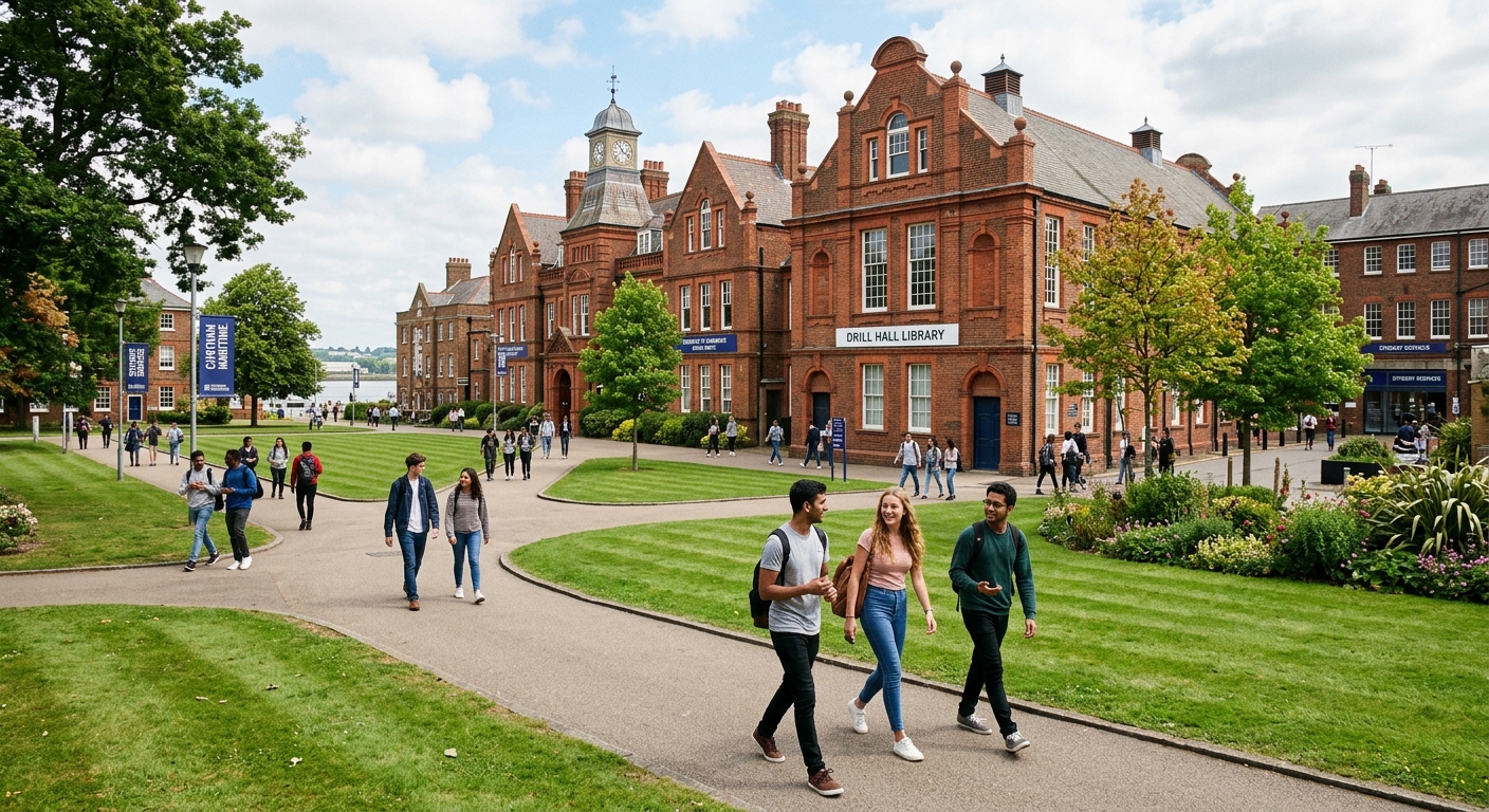 University of Greenwich Medway Campus with historic Edwardian redbrick buildings surrounded by green lawns, students walking along pathways in Chatham, Kent, United Kingdom