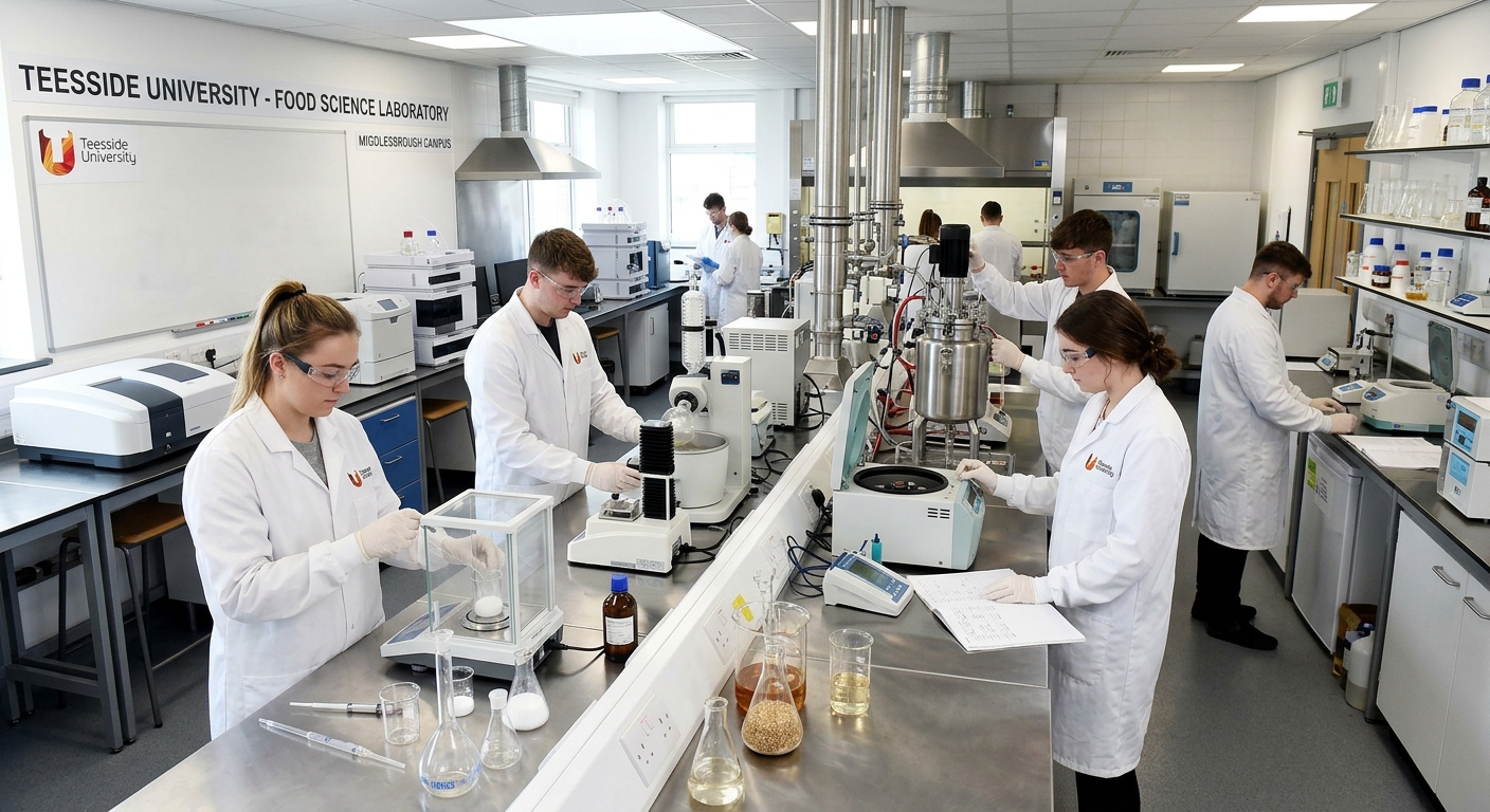 Modern food science laboratory at Teesside University Middlesbrough campus, students in white lab coats working with food processing equipment and analytical instruments, bright overhead lighting, stainless steel surfaces and glass beakers