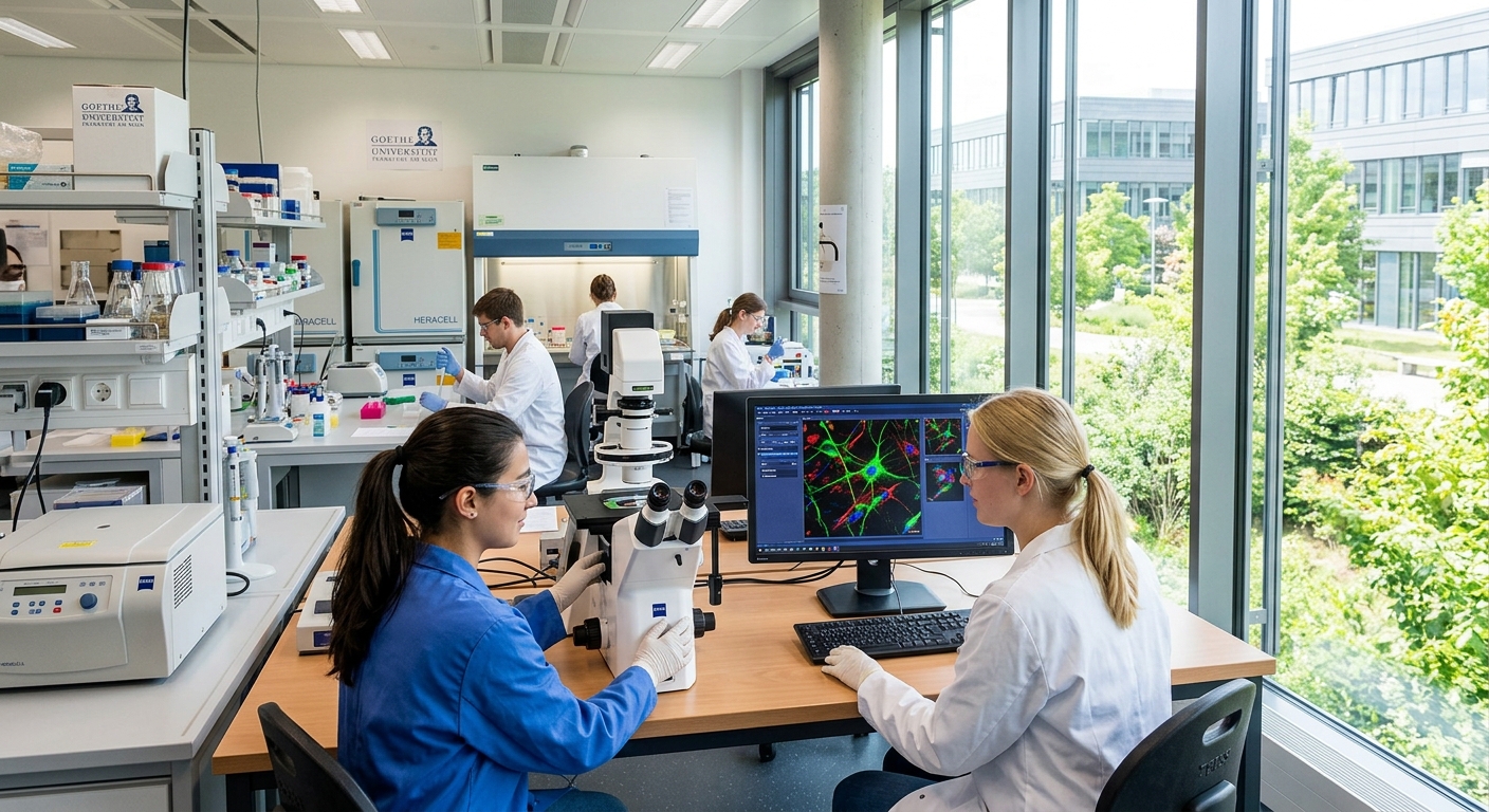 Modern biology research laboratory at Goethe University Frankfurt Riedberg Campus, students using advanced fluorescence microscopes, cell culture equipment, bright scientific environment with green plants visible through large windows