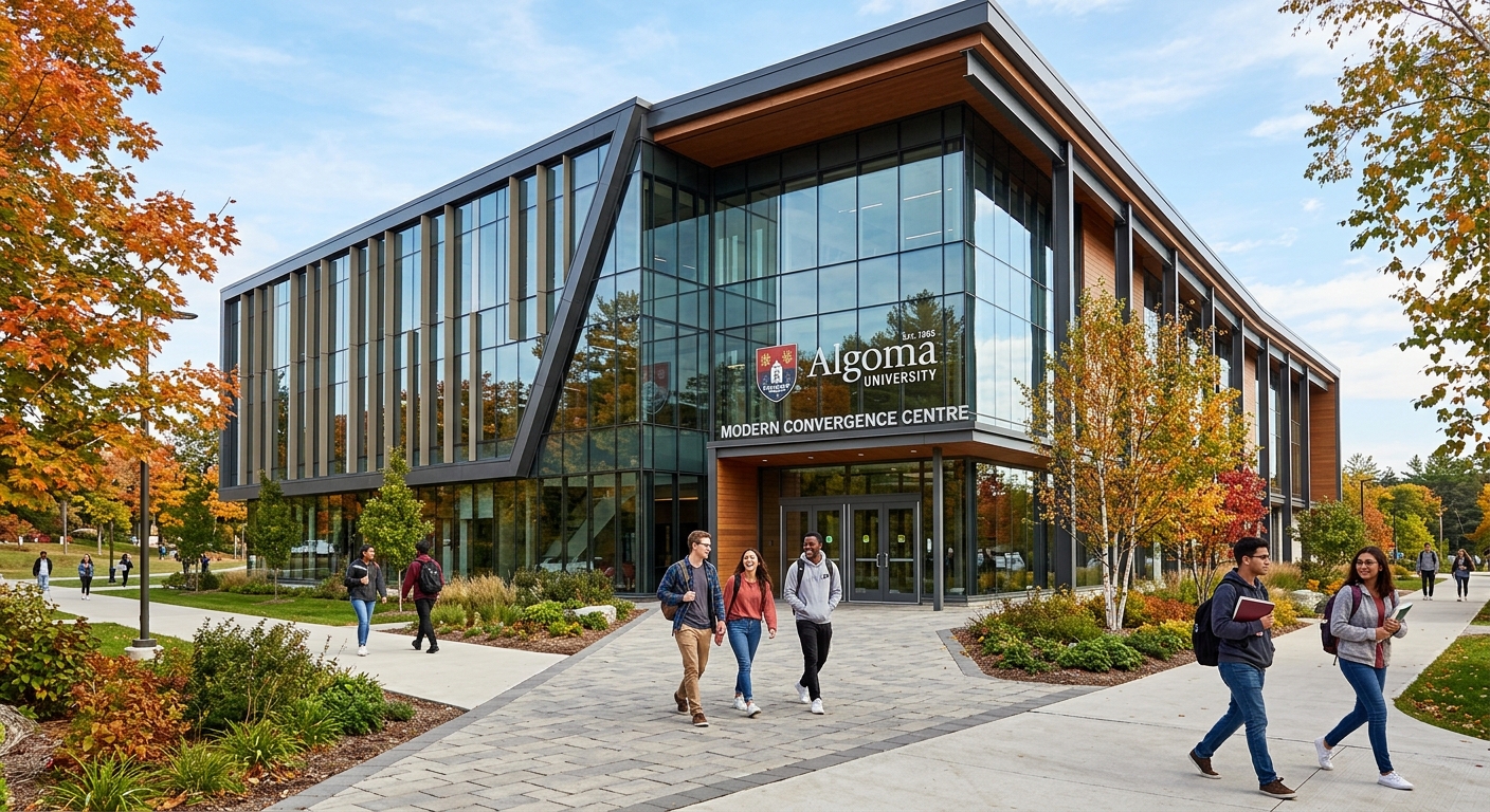 Modern Convergence Centre building at Algoma University with glass facade, contemporary architecture, and students walking on pathways