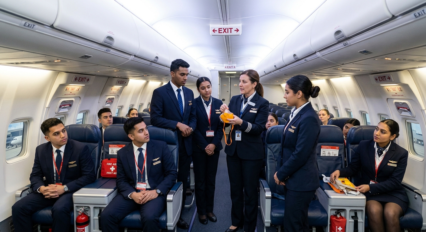 Modern aviation training facility at Seneca Polytechnic Newnham Campus showing students in professional uniforms practicing in a Boeing 737 cabin simulator with aircraft interior, emergency equipment, and instructor demonstrating safety procedures under bright overhead lighting