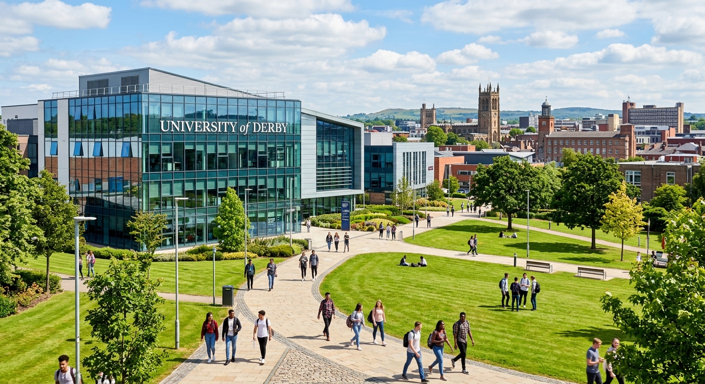 University of Derby modern campus building with glass facade, students walking on pathways surrounded by green lawns, Derby city skyline in background, bright sunny day