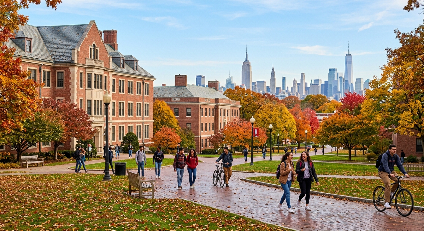 Suburban college campus with brick buildings surrounded by trees, students walking on pathways, New York City skyline visible in the distance, bright autumn day