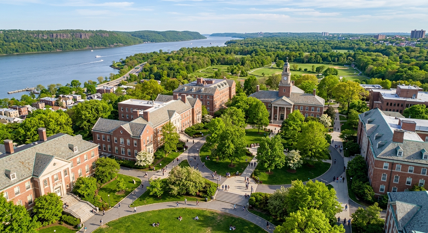 Manhattan University campus in Riverdale, Bronx, New York City, featuring historic brick academic buildings surrounded by green trees, with students walking along pathways on the 23-acre campus, Hudson River and Van Cortlandt Park visible in the background