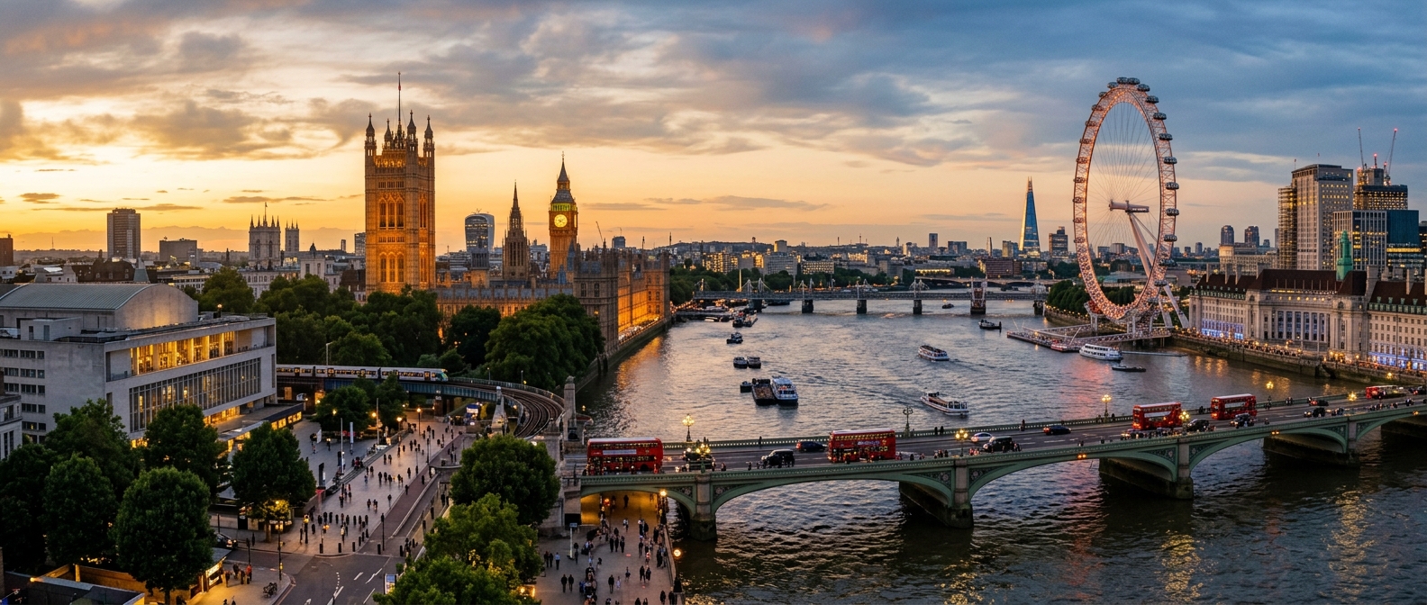 London skyline panoramic view from the South Bank, River Thames in foreground, London Eye and Houses of Parliament visible, evening golden hour lighting, city bridges spanning the river
