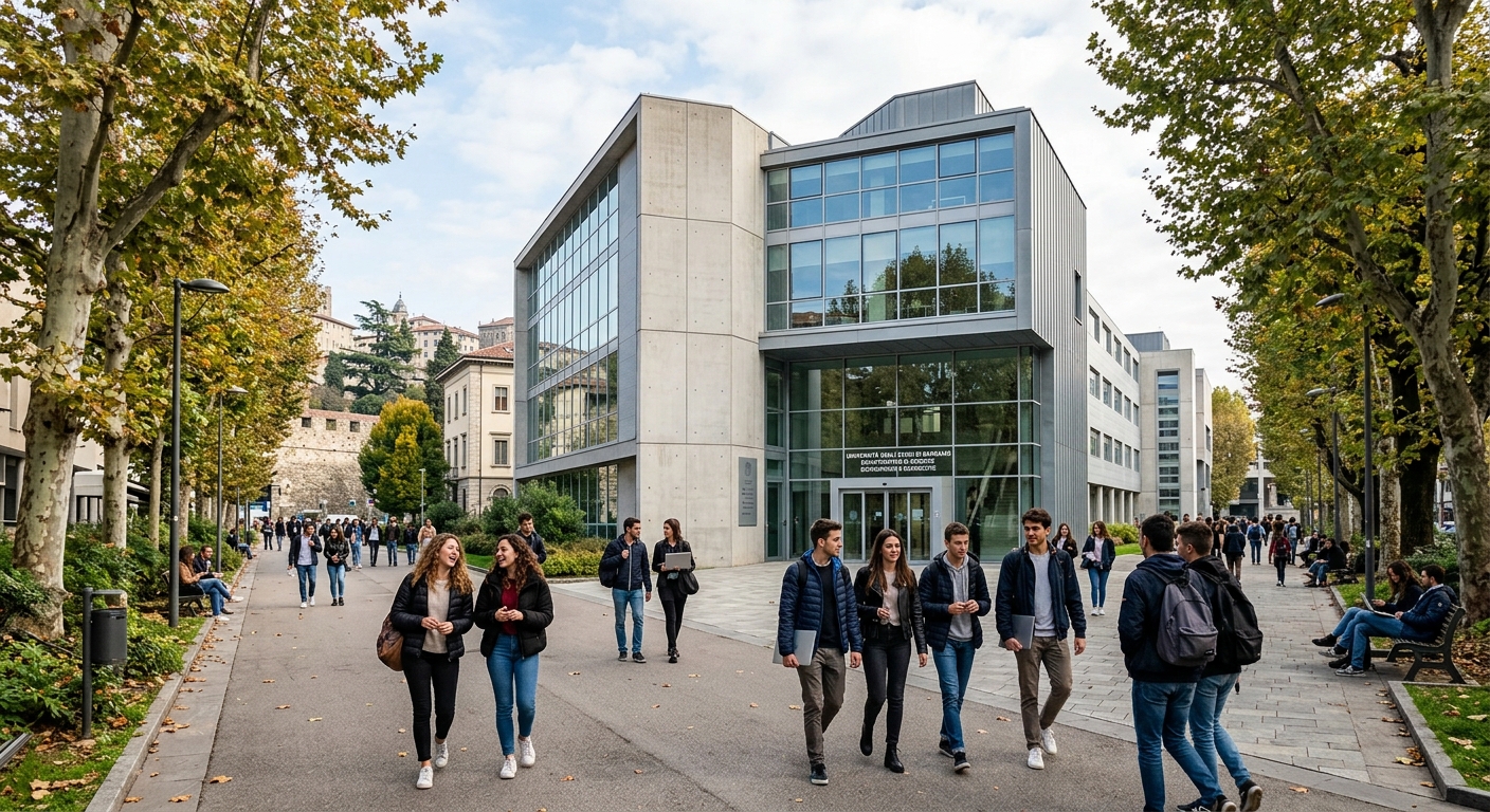 Modern university building of the University of Bergamo Economics and Law campus in central Bergamo, contemporary architecture with large glass windows, students walking on a tree-lined boulevard