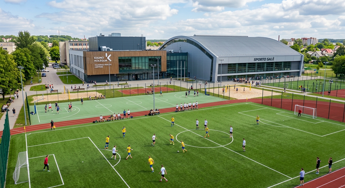 Kauno Kolegija sports ground and Centre for Cultural Activities, outdoor sports facilities, modern sports hall, students playing sports, Kaunas