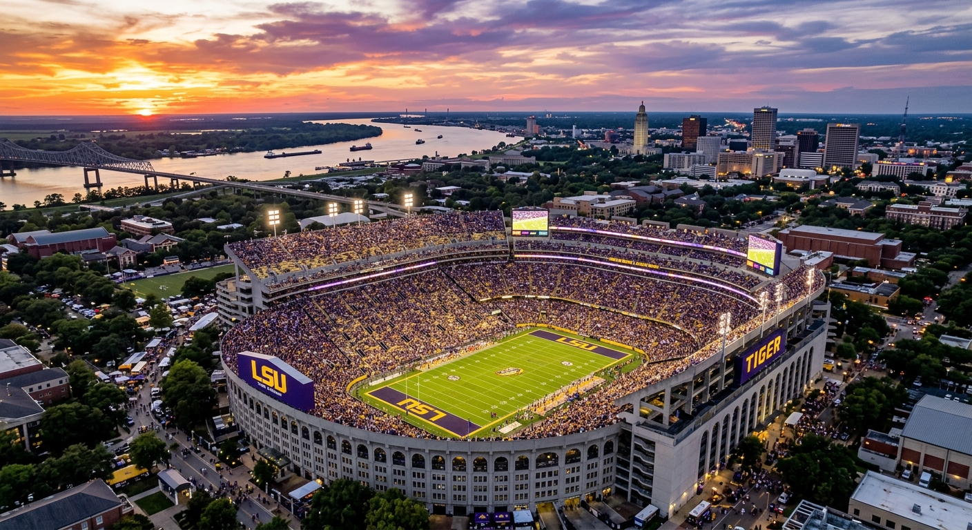 LSU Tiger Stadium Death Valley aerial view at sunset with Baton Rouge skyline in background, massive football stadium